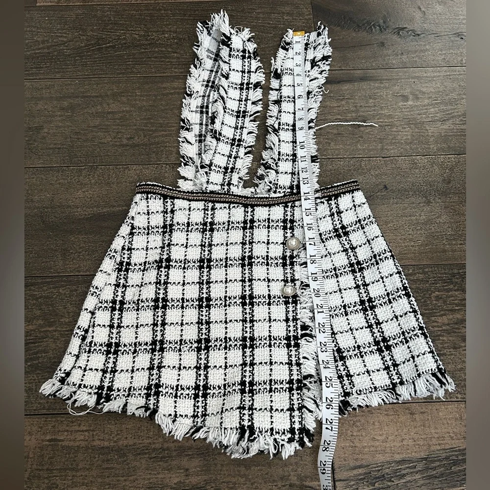 Chic‎ Black and White Plaid overall Skort with Fringe
